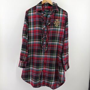 Lauren Ralph Lauren Plaid Ruffle Front Shirt Dress Tunic Women's M Cotton
